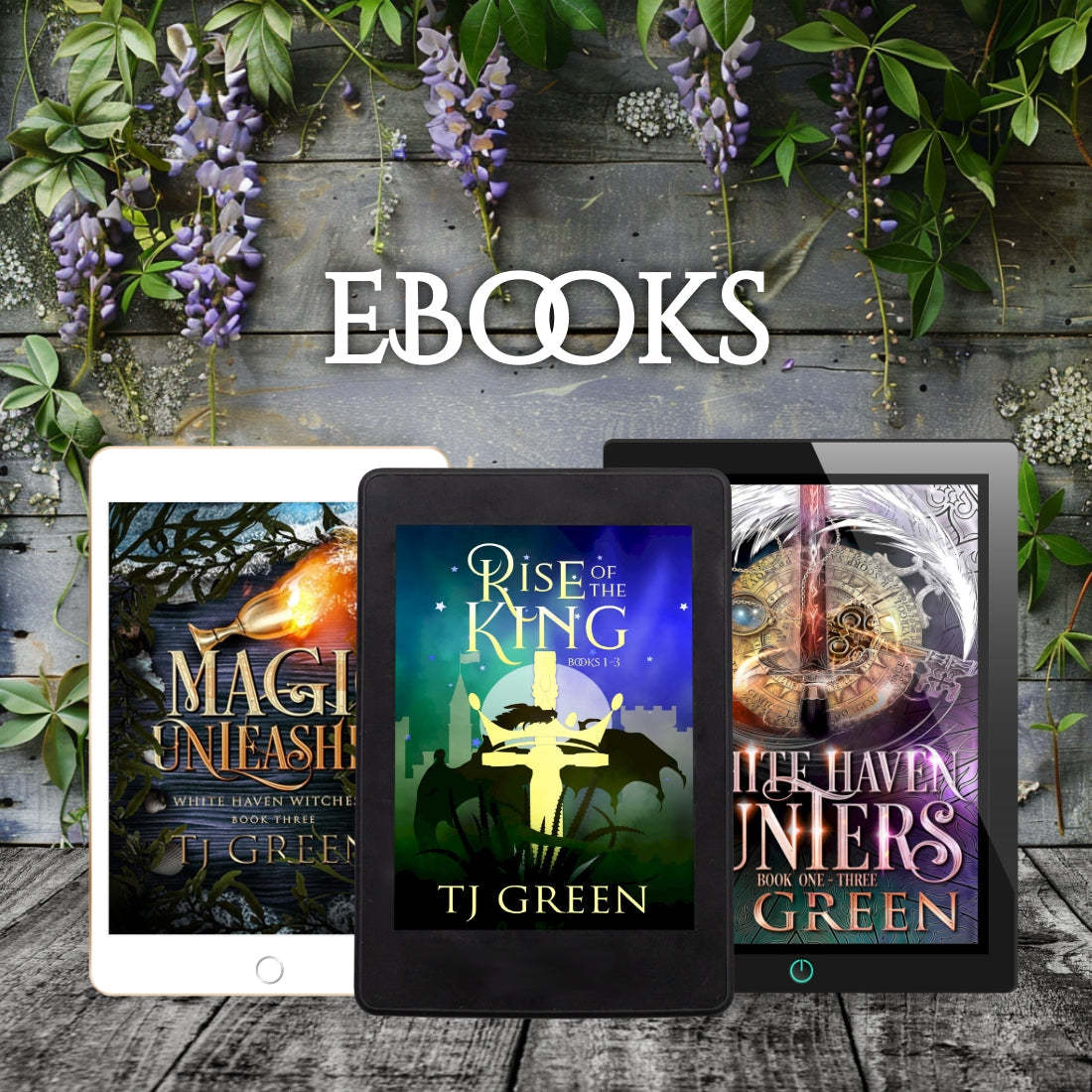 3 various ereaders on a shelf with a wisteria background.