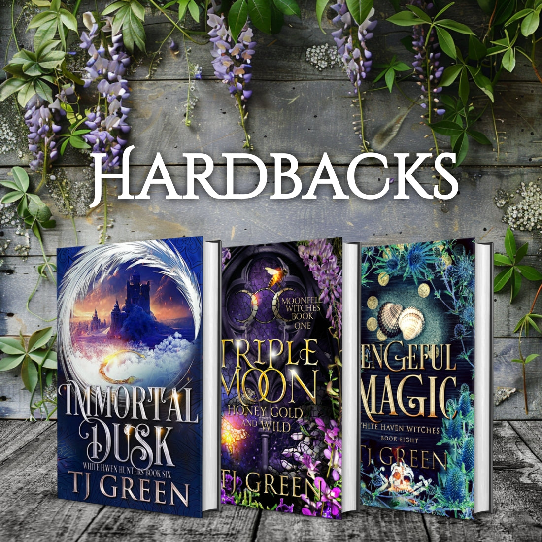 Three hardbacks on a wooden shelf with wisteria background.