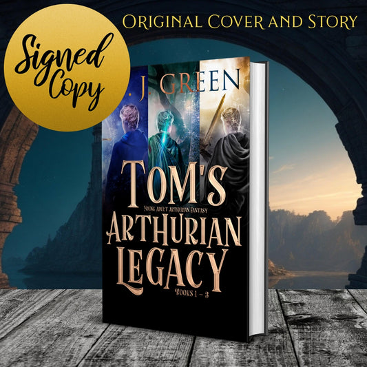 Book titled 'Tom's Arthurian Legacy' with a scenic background Arthurian fiction, Excalibur, Merlin, Otherworld.