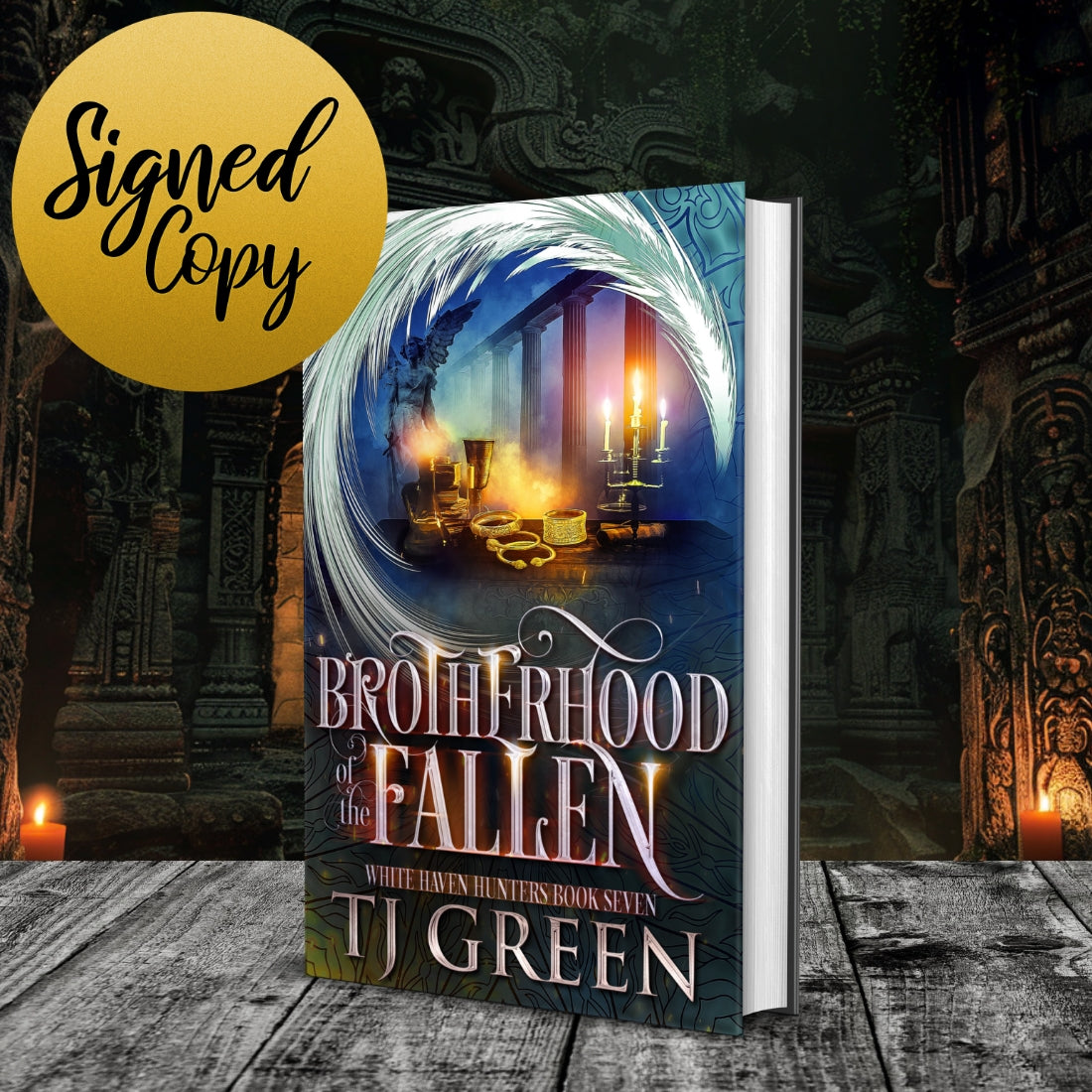Book titled 'Brotherhood of the Fallen' by TJ Green with a dark, mystical background. Urban Fantasy series.