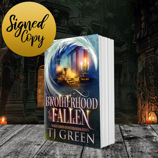 Book titled 'Brotherhood of the Fallen' by TJ Green with a fantasy cover on a dark, rustic background. Urban Fantasy series.