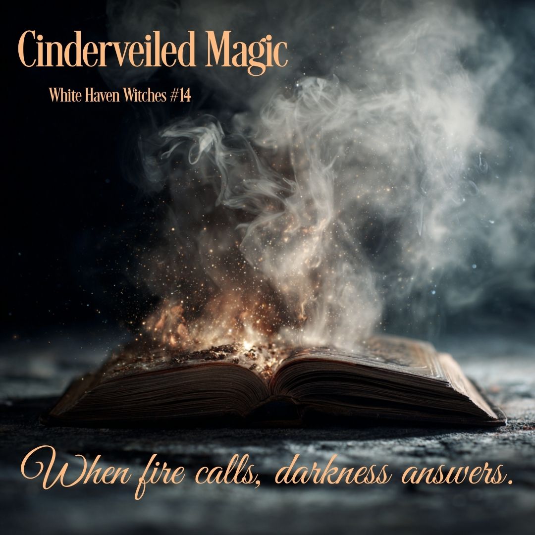 Open book with smoke and fire effects on a dark background, featuring the text 'Cinderveiled Magic' and 'White Haven Witches #14'.