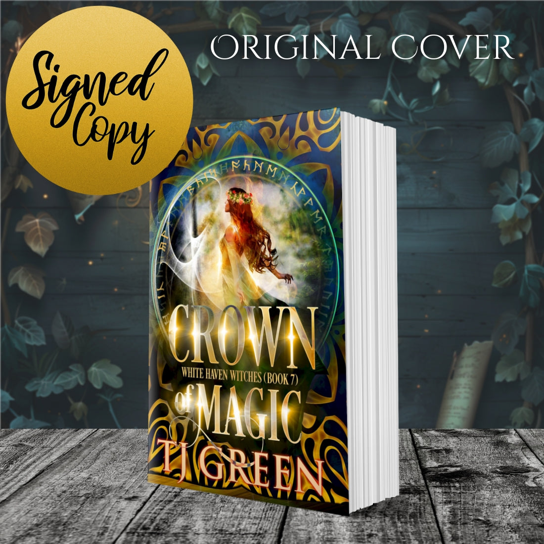 Book titled 'Crown of Magic' by Tigreen on a wooden surface with decorative elements. Paranormal witch fiction, magic, urban fantasy, mystery