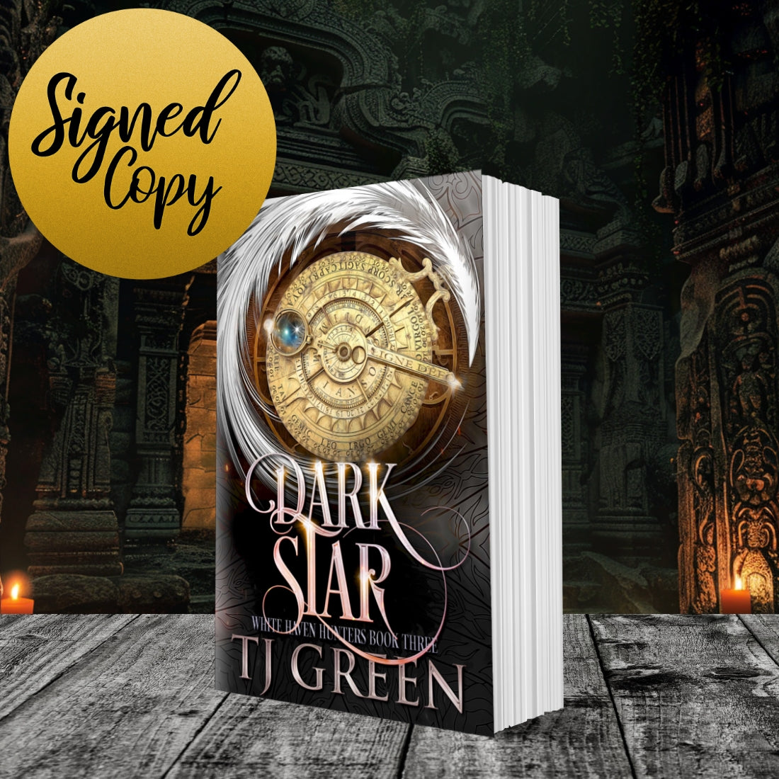 Book titled 'Dark Star' by TJ Green with a decorative cover and 'Signed Copy' label on a dark background. Urban Fantasy