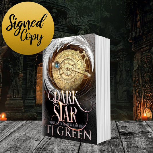 Book titled 'Dark Star' by TJ Green with a decorative cover and 'Signed Copy' label on a dark background. Urban Fantasy