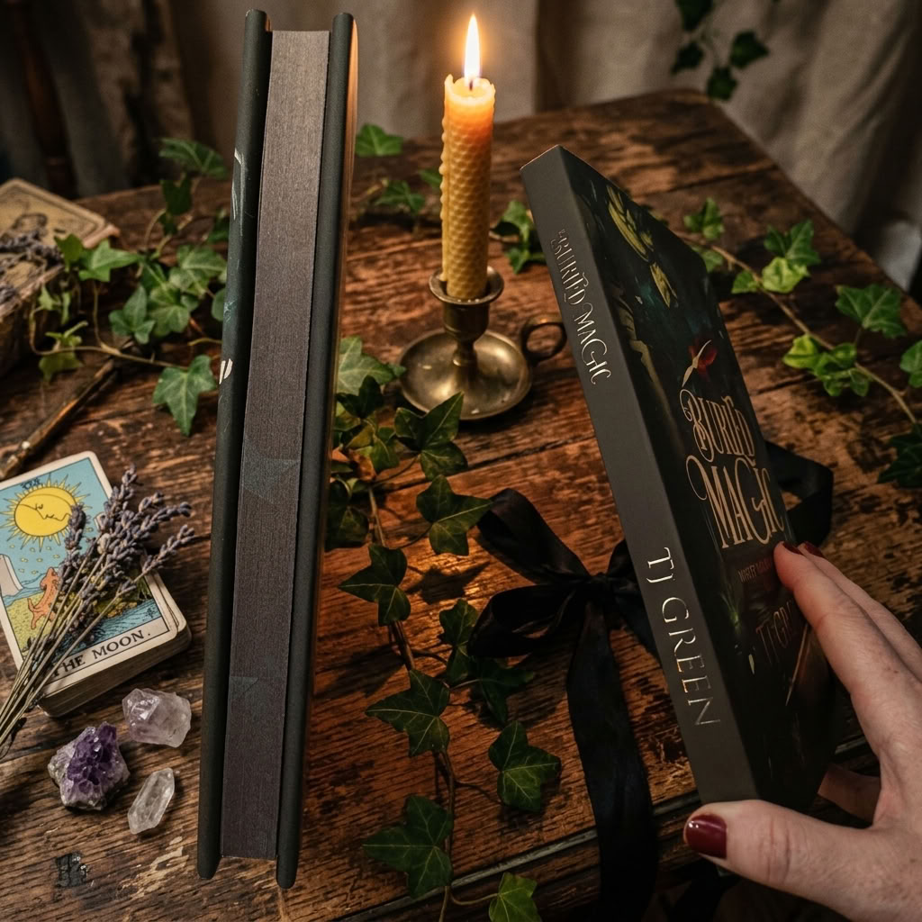 A hand holds a dark gothic book titled 'World of Magic' by T. Glen, next to a matching book standing upright on a rustic wooden table.