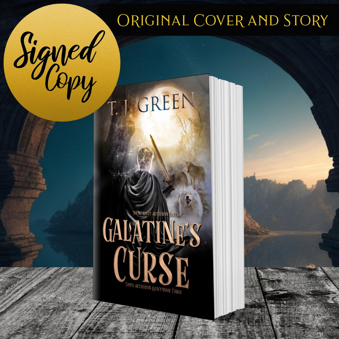 Book titled 'Galatine's Curse' by T.J. Green with a scenic background Arthurian Fantasy, young adult, mystical creatures, sword and sorcery