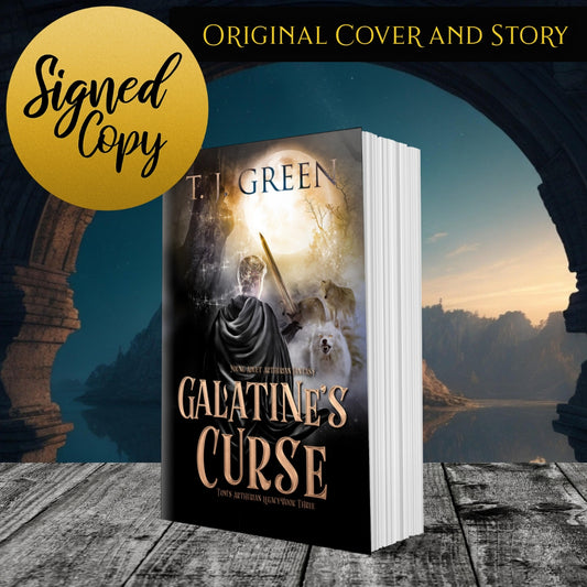 Book titled 'Galatine's Curse' by T.J. Green with a scenic background Arthurian Fantasy, young adult, mystical creatures, sword and sorcery