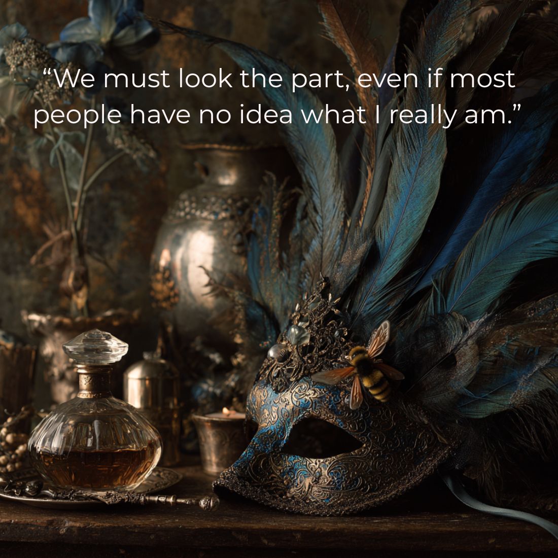 Decorative mask with feathers and a bottle of perfume on a dark background with text overlay.