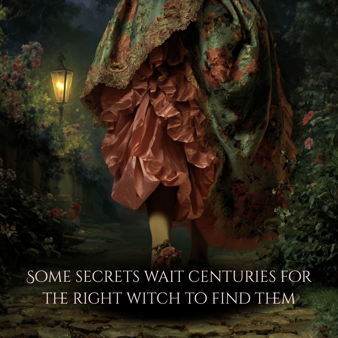 A woman in a masquerade gown running down a garden path a night.