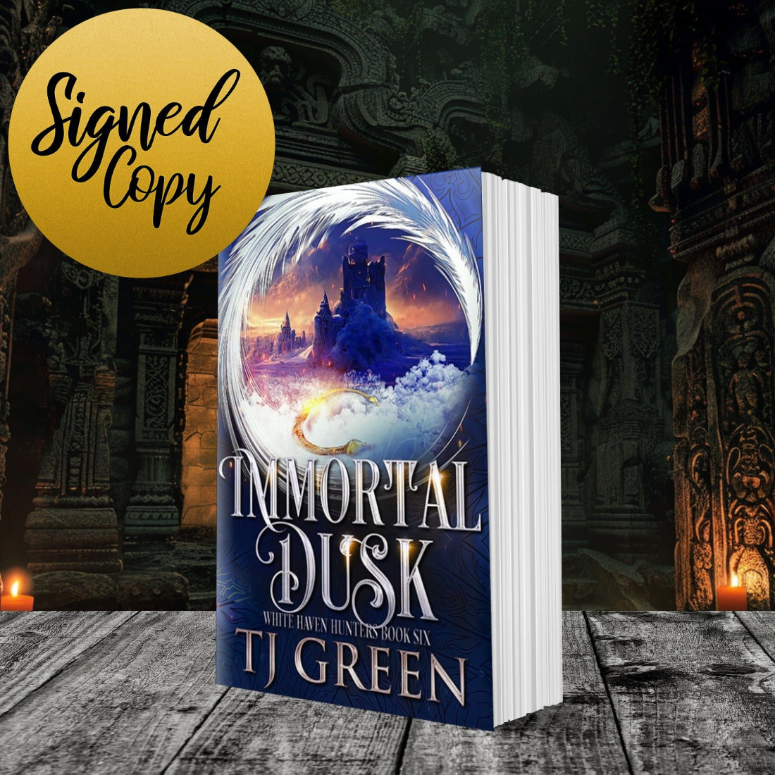 Book titled 'Immortal Dusk' by TJ Green with a fantasy cover on a dark, ancient stone background. Urban Fantasy series, occult fiction.