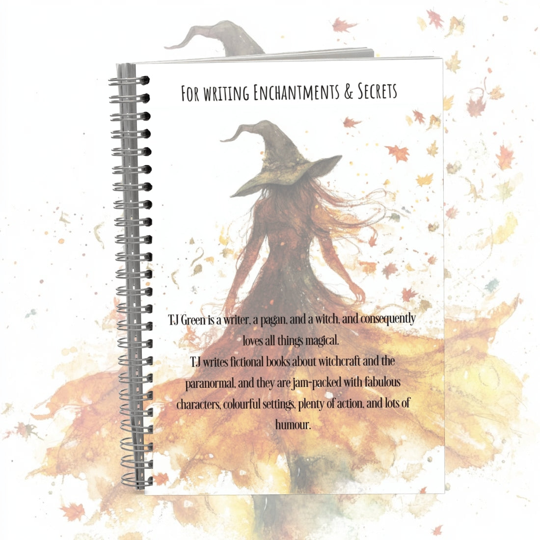 Witch-themed notebook with text about T.J. Green and her writing style.