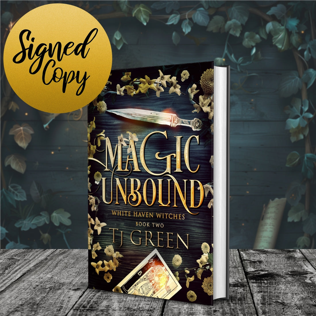 Book titled 'Magic Unbound' by TJ Green with a sword illustration on a dark background.