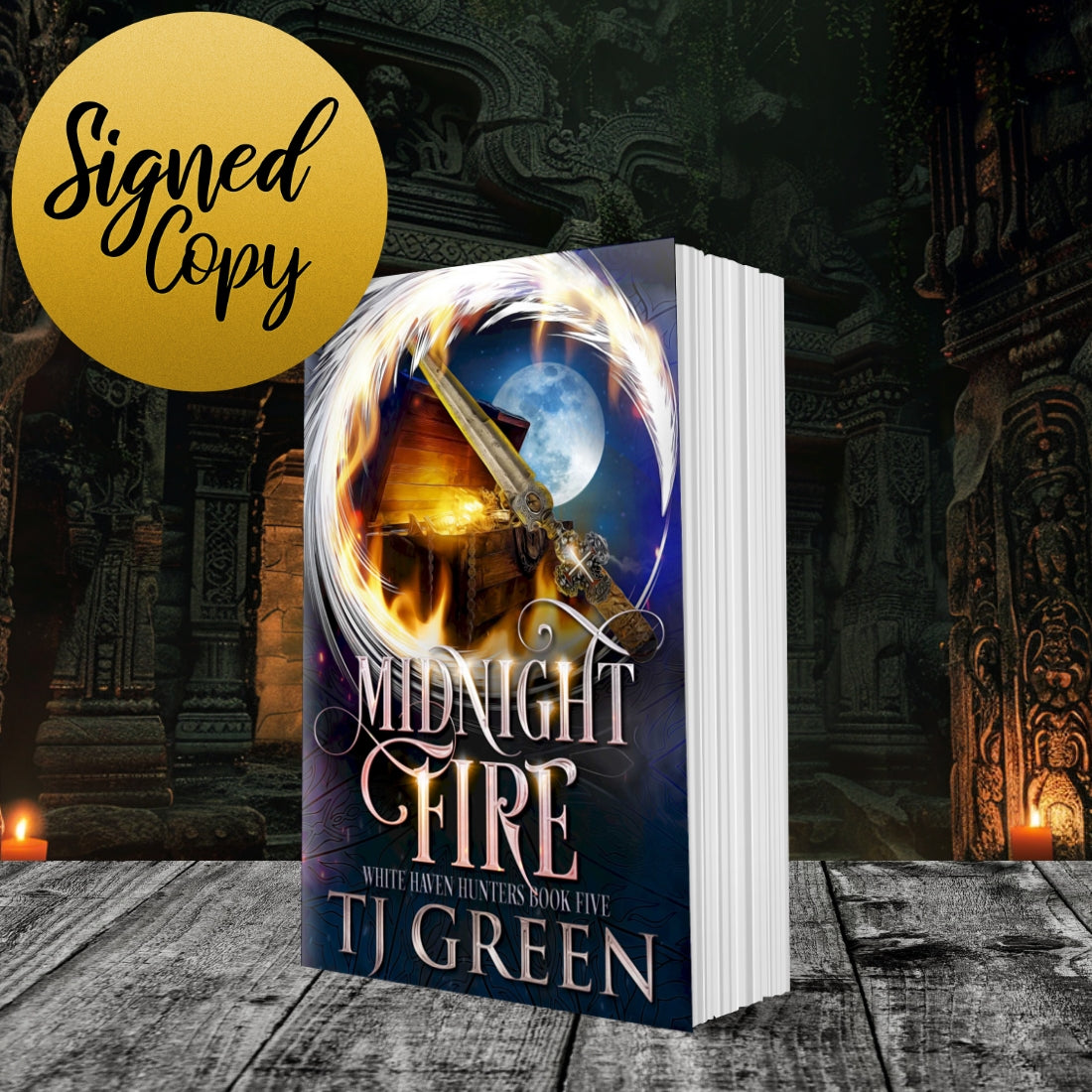 Book titled 'Midnight Fire' by TJ Green with a fantasy design on a dark background Urban Fantasy series, occult fiction