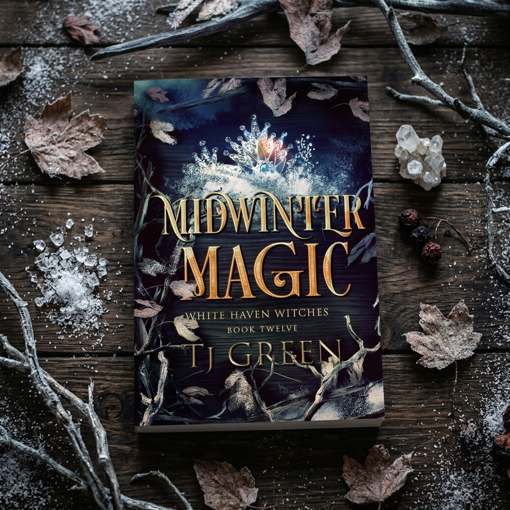 Book titled 'Midwinter Magic' by T.J. Green on a wooden surface with leaves and crystals.