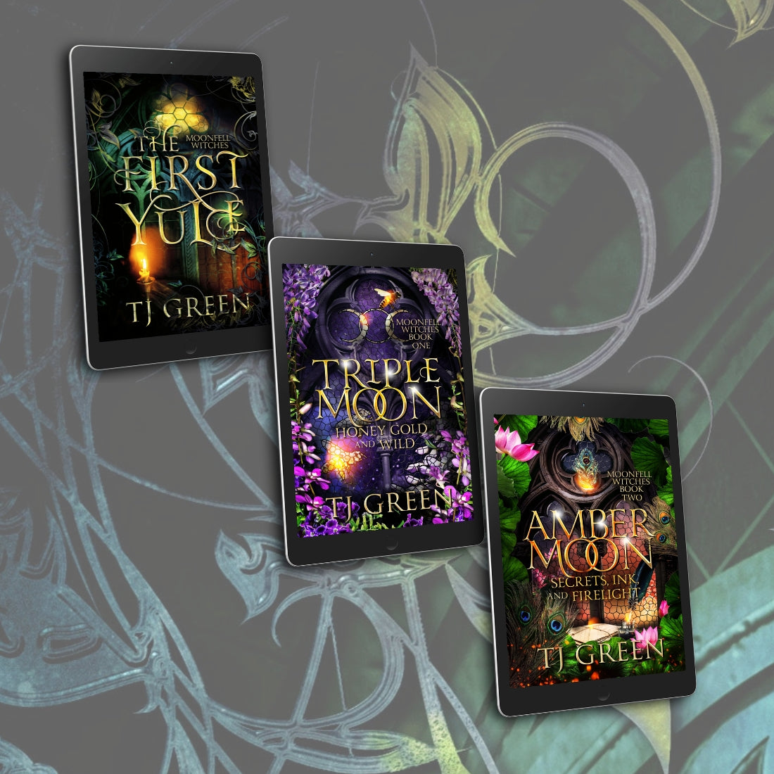 Three tablets displaying book covers of 'The First Vow', 'Triple Moon', and 'Amber Moon' by TJ Green on a decorative background. Dual timeline and paranormal mysteries