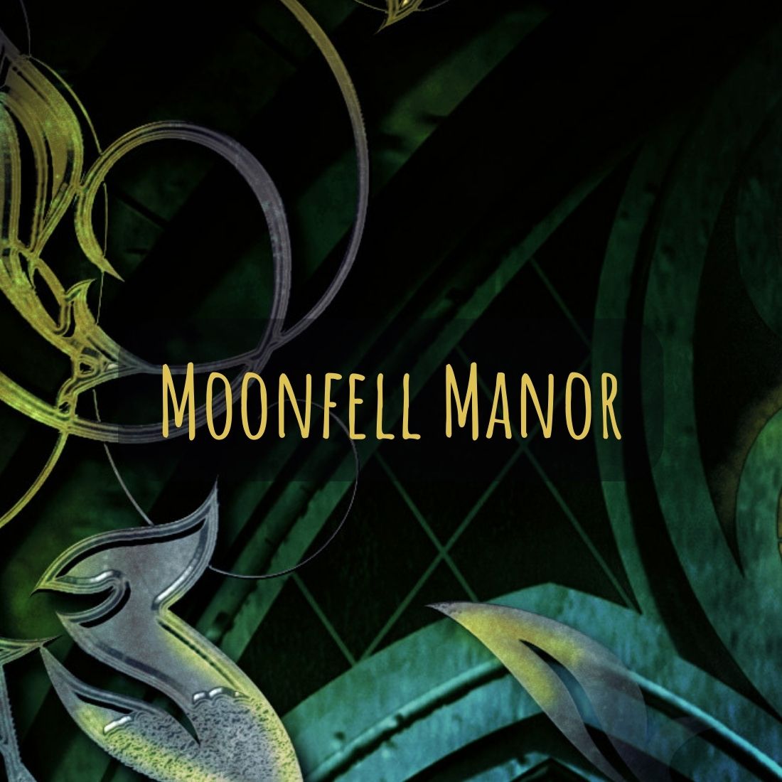 Decorative design with 'Moonfell Manor' text on a dark background The First Yule, Moonfell Witches novella. Witch fiction, urban fantasy, Christmas. witches