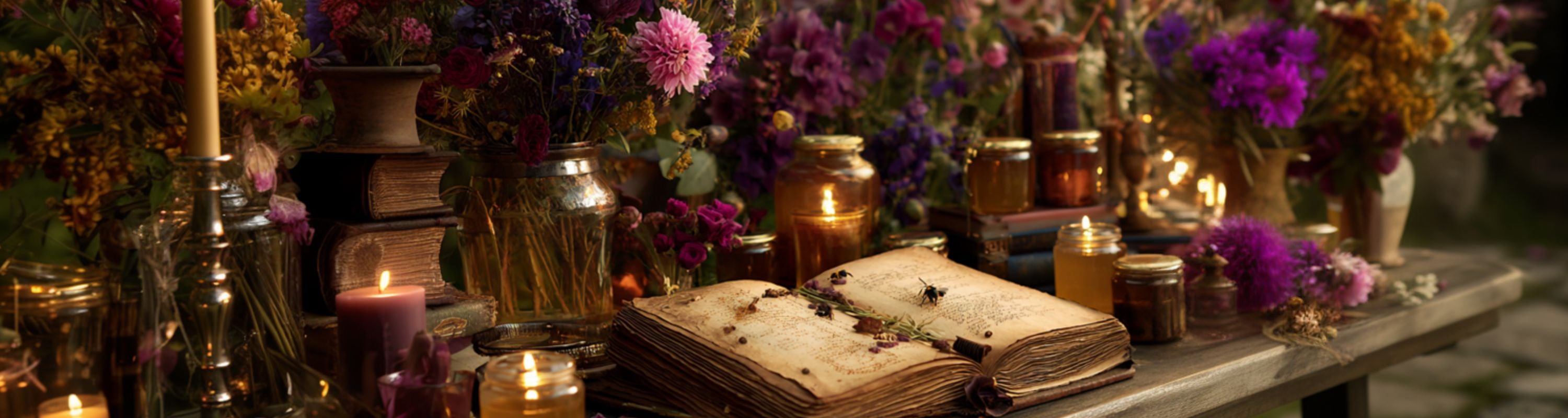 Table with candles, books, and flowers in a mystical setting. Witch fiction, dual timelines, urban fantasy, gothic mansion, magical gardens.