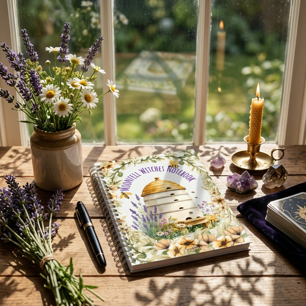 A spiral-bound notebook titled 'Middnight Watchers November' lies on a wooden table by a window, surrounded by a vase of white daisies and purple lavender, a lit yellow candle in a brass holder, crystals, a black pen, and another card deck. The background shows a softly blurred garden view through the window.
