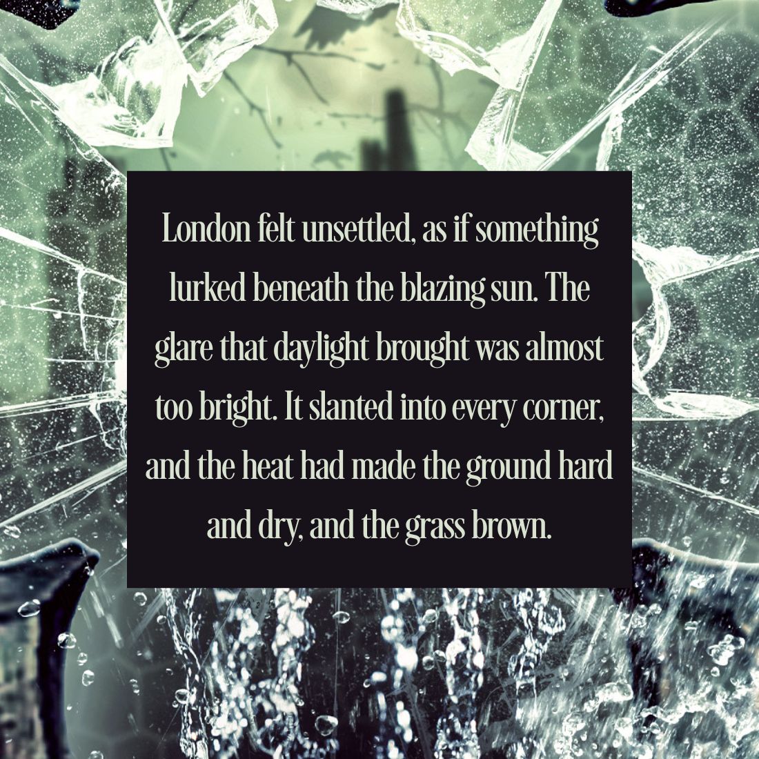 Text overlay on a background of cracked glass with water droplets.