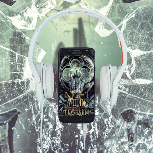 Phone with 'Night Wilding' book cover displayed, surrounded by white headphones on a cracked glass background. Paranormal mystery, witchcraft, urban fantasy, supernatural hunt, wolf-shifters.