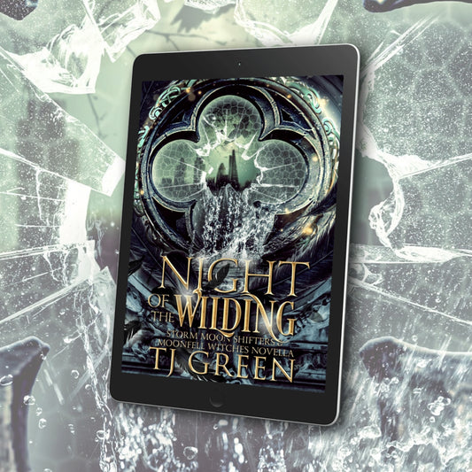 E-reader displaying the cover of 'Night of the Wilding' by T.J. Green on a textured surface. Paranormal mystery, wolf-shifters, English urban fantasy