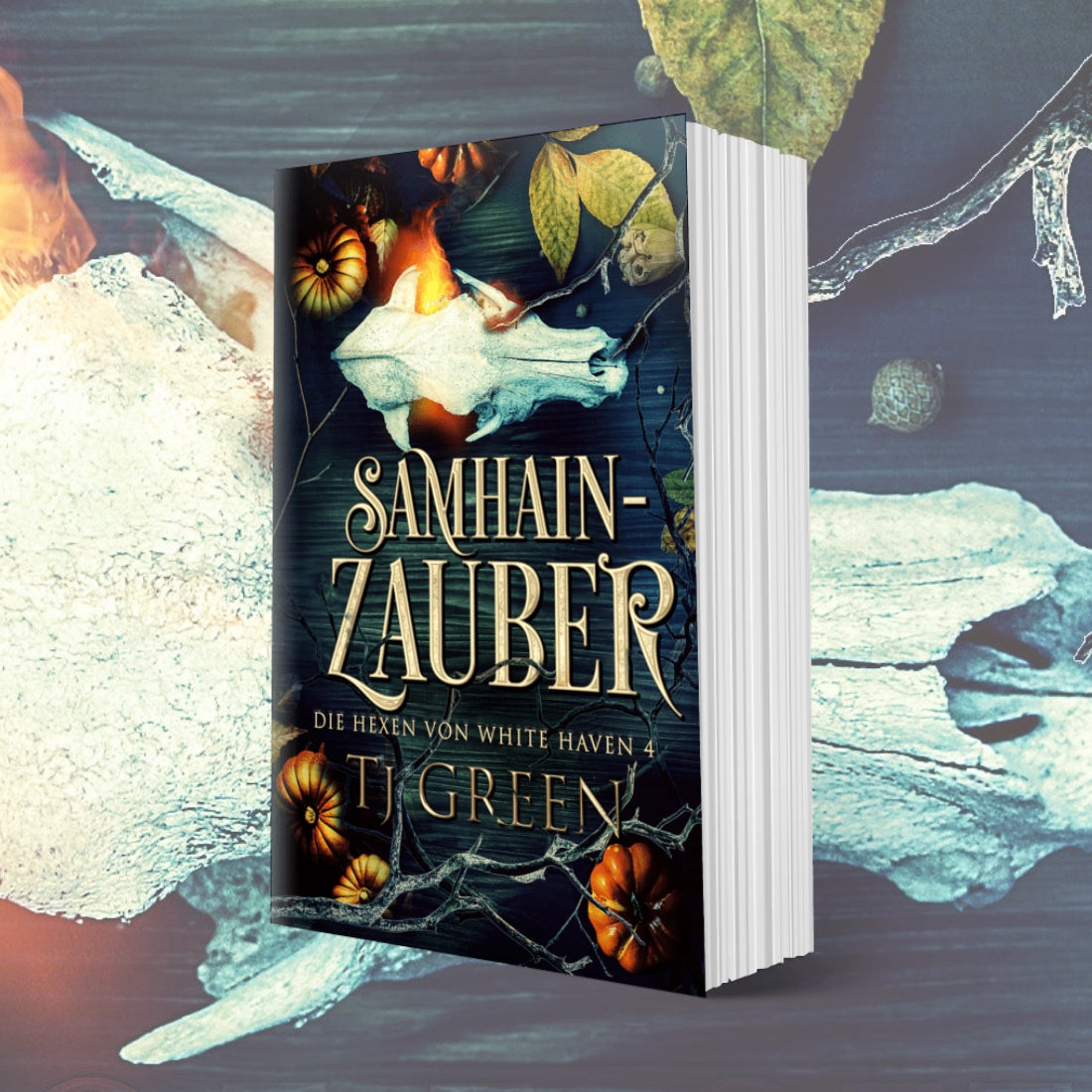 Book cover on background of bleached white cow skull