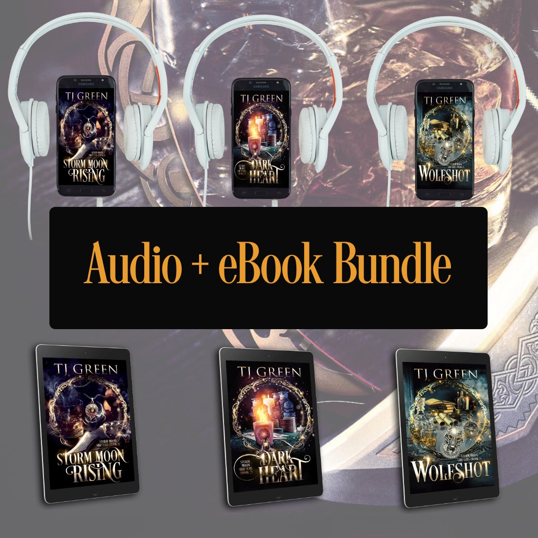 Audio and eBook bundle with books and phone screens displaying book covers, surrounded by headphones. English urban fantasy series with wolf-shifters