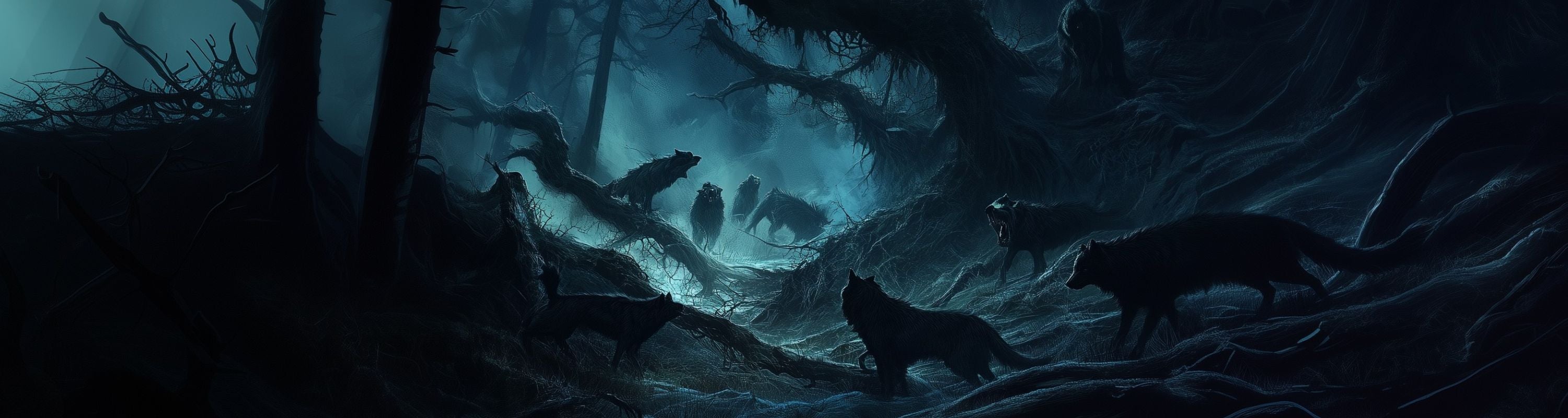 Two wolves walking through a dark forest with a skull and bones in the background. Urban fantasy shifters series set in London with witches, magic, and the occult. Paranormal mysteries.