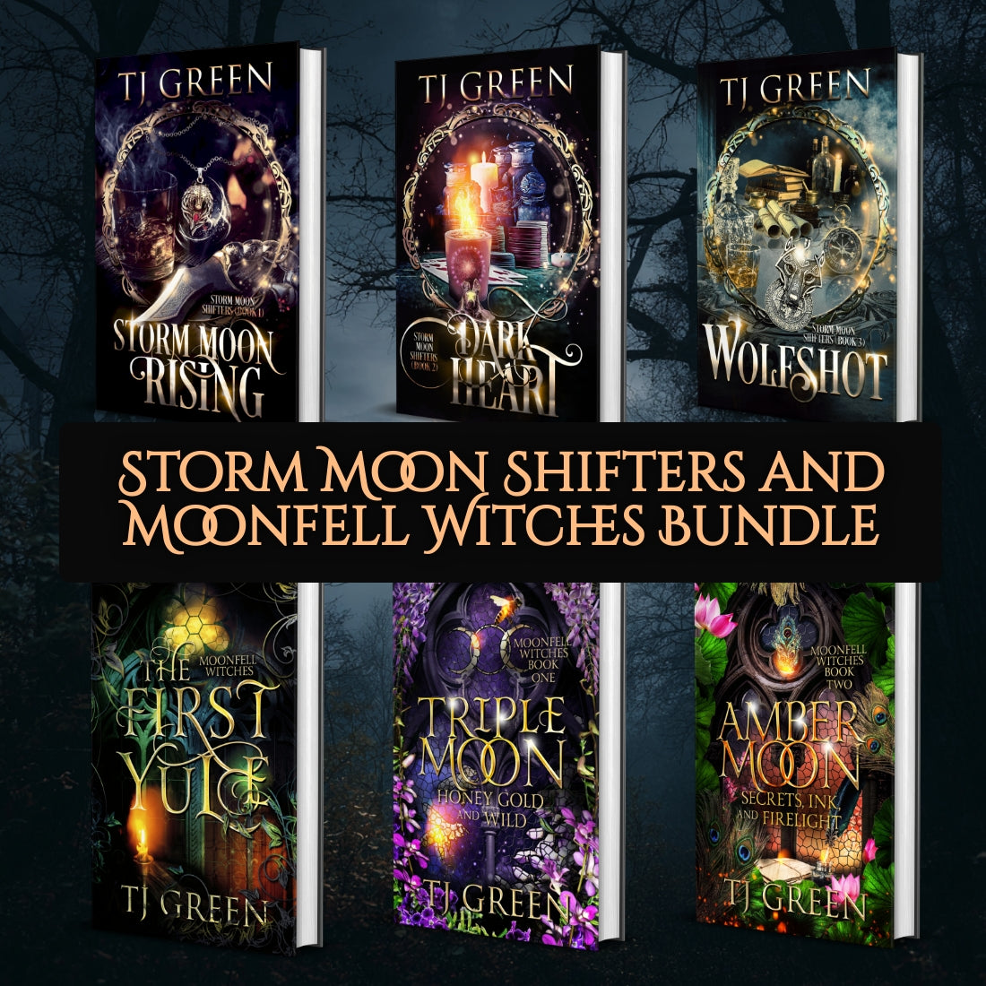 Collection of books by T.J. Green with a dark, mystical background. Paranormal mysteries and urban fantasy