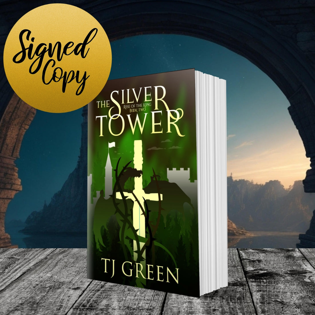Book titled 'The Silver Tower' by TJ Green with a scenic background YA Arthurian Fantasy