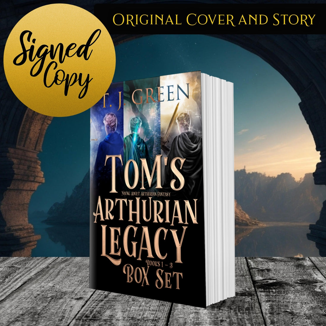 Book set titled 'Tom's Arthurian Legacy' with a scenic background Arthurian Fantasy, magic, sword and sorcery.