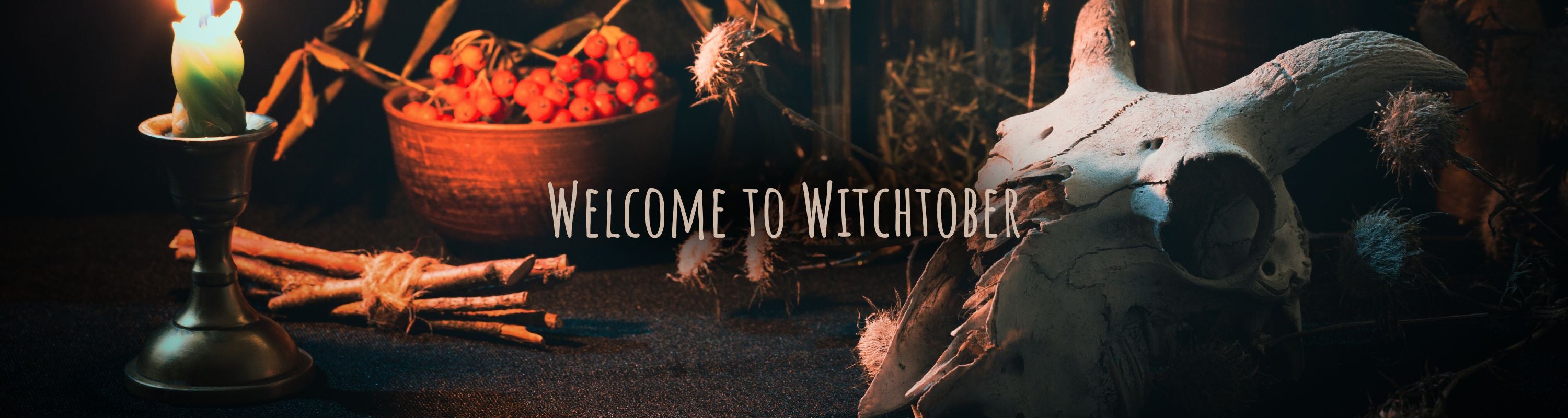 Halloween-themed setting with candles, berries, and a skull, featuring 'Welcome to Witchtober' text.