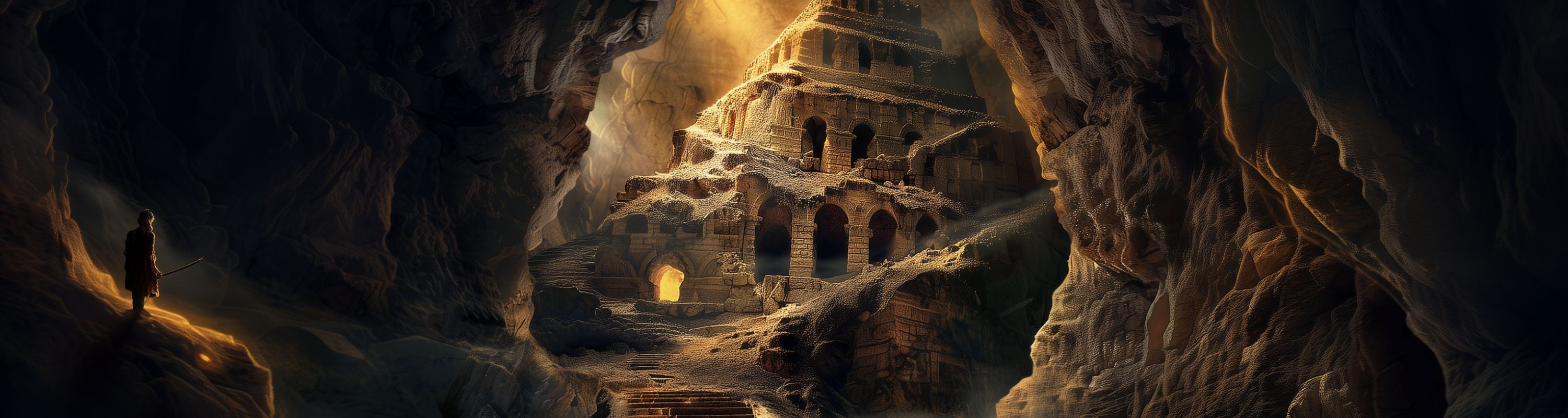 Mysterious temple inside a cave with a person standing at the entrance. Urban Fantasy series, paranormal mysteries. occult, alchemy, action and adventure.