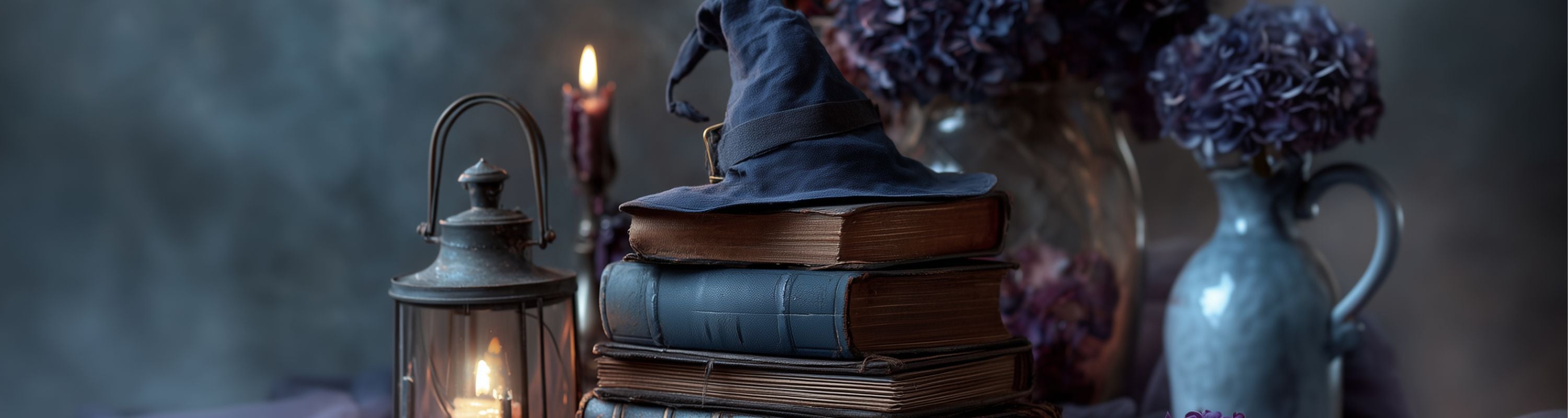 Stack of books with a candle and decorative elements on a dark background. Paranormal witch mysteries, urban fantasy, witchcraft and magic in Cornwall.