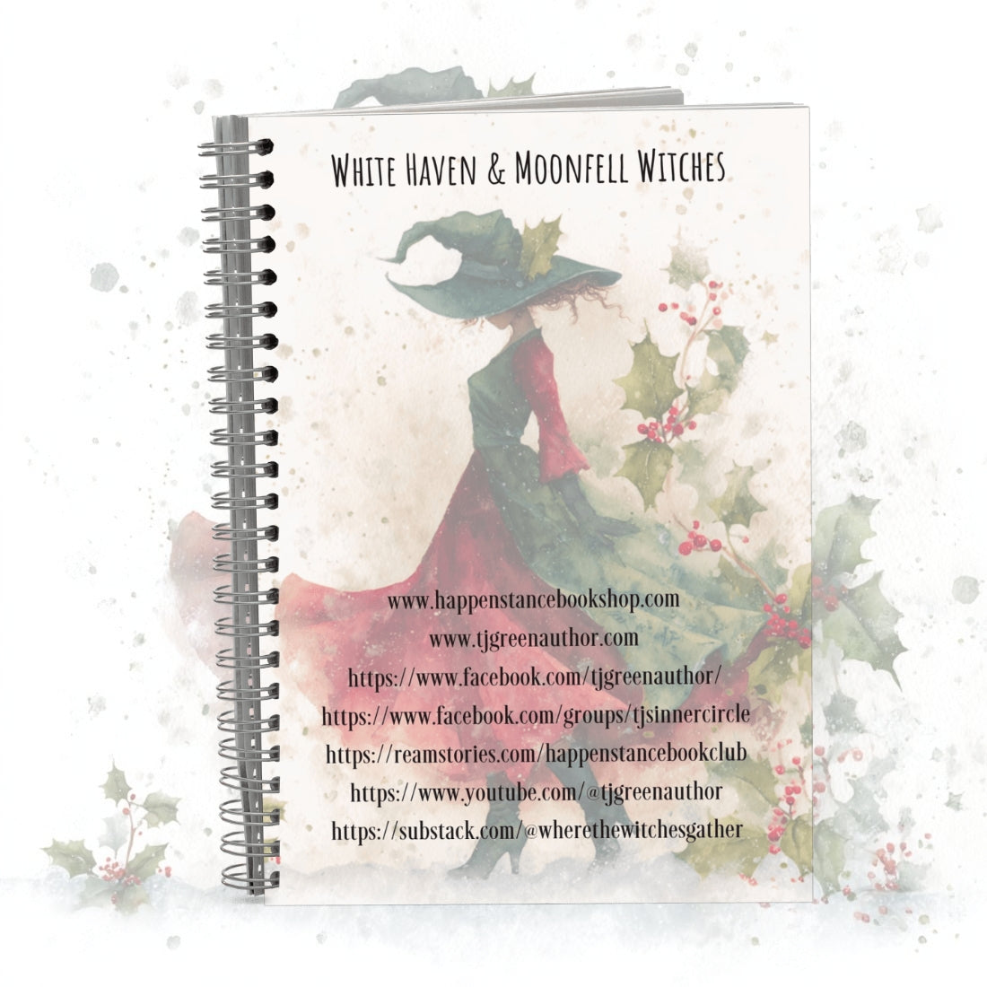 Notebook with a witch design and text on a white background