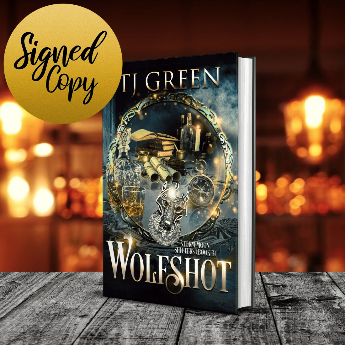 Book titled 'Wolfshot' by T.J. Green with a blurred background Paranormal Wolf-shifters mysteries