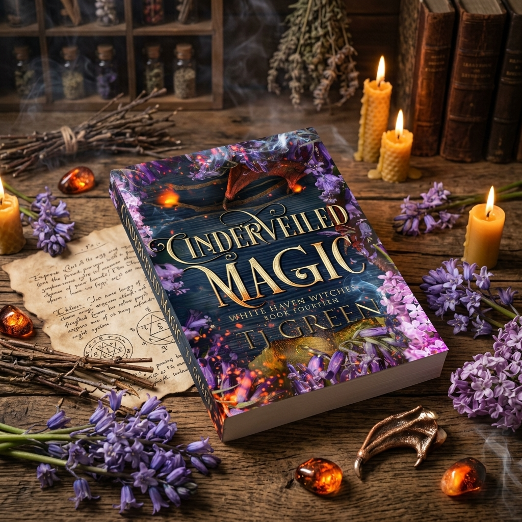 Book titled 'Unveiled Magic' surrounded by candles, lavender flowers, and witchcraft-themed decor on a wooden surface.