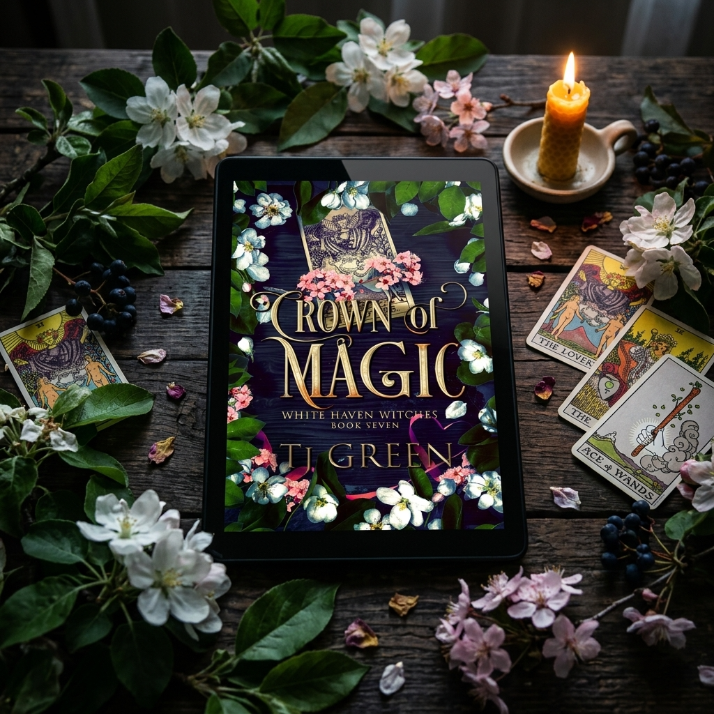 Tablet displaying 'Crown of Magic' on a wooden surface with flowers and tarot cards.