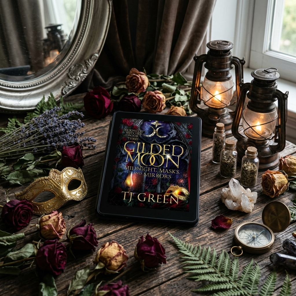 E-reader displaying 'Gilded Moon' by T.J. Green on a table with lanterns, flowers, and decorative items.