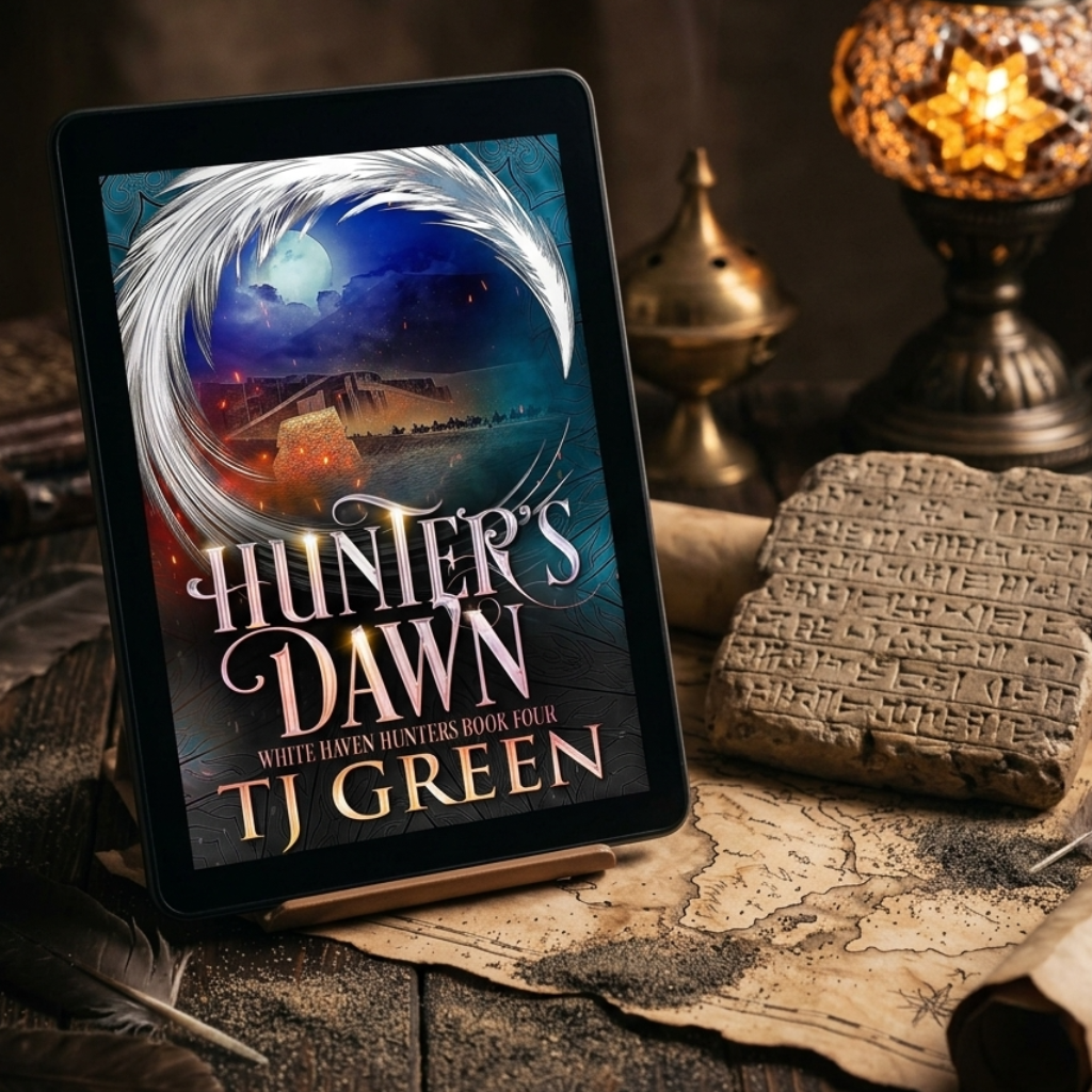 A tablet displaying the book cover of 'Hunter's Dawn' by TJ Green, styled on a rustic wooden table with an ancient map, a carved stone tablet, feathers, and a glowing brass lamp in the background.