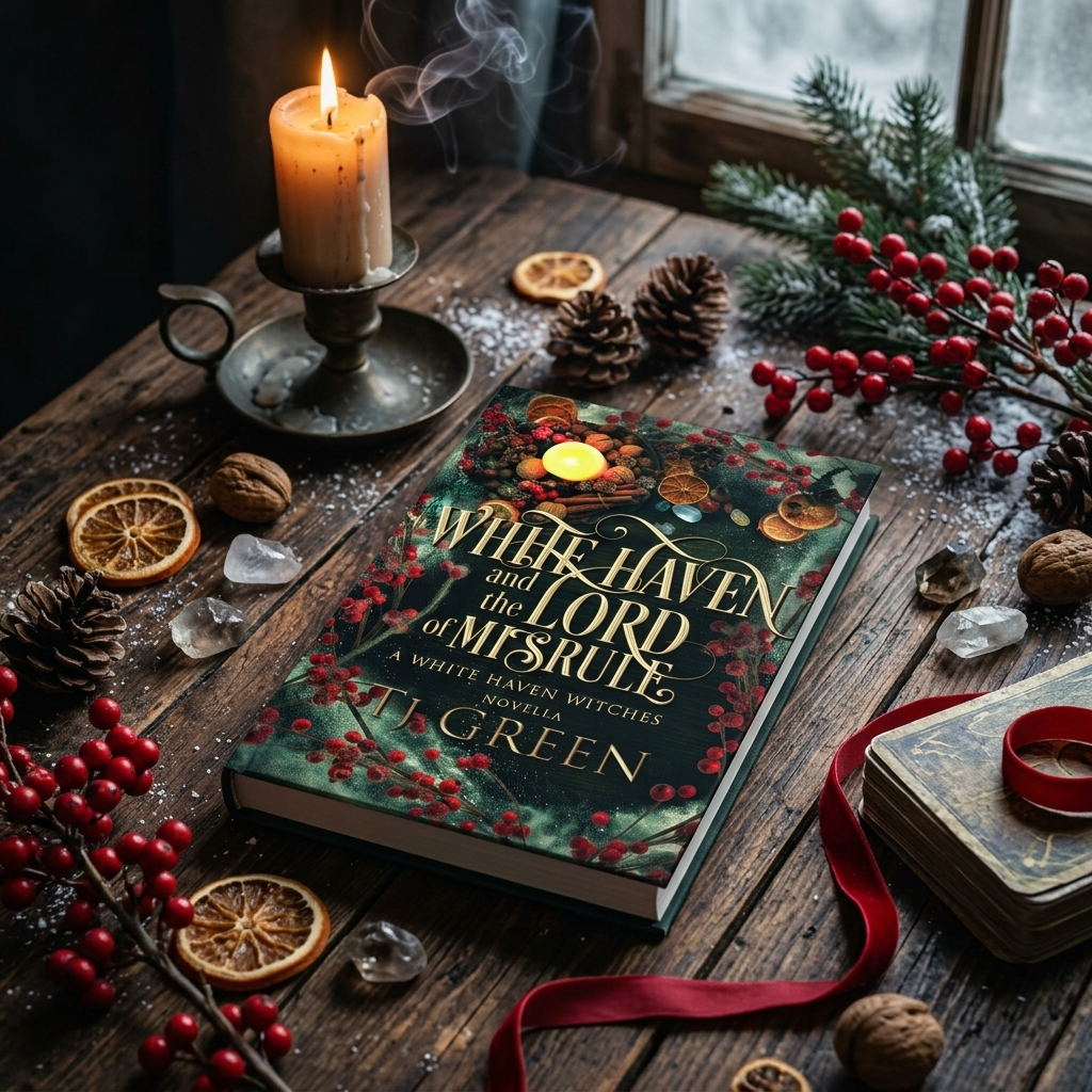 Book titled 'Where Haven and the Lord of Misrule' by T.J. Green on a wooden table with candles and decorations.