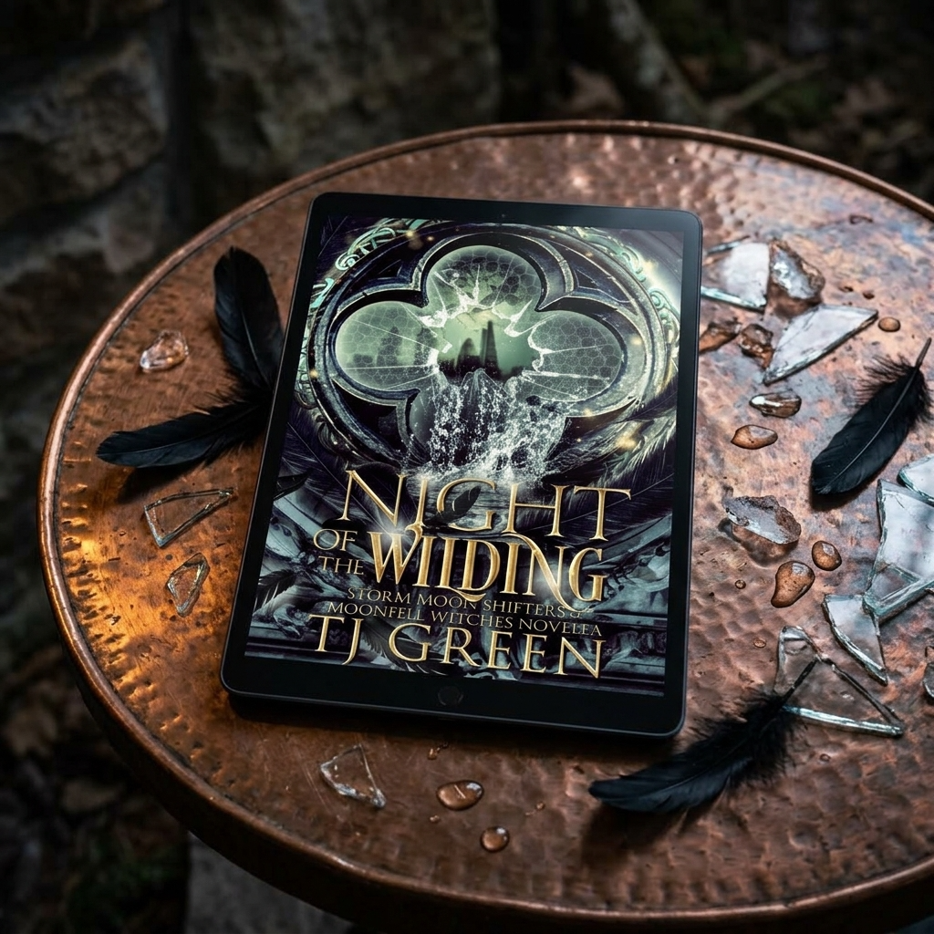 E-reader displaying 'Night of the Widing' by I.J. Green on a rustic surface with feathers and stones.