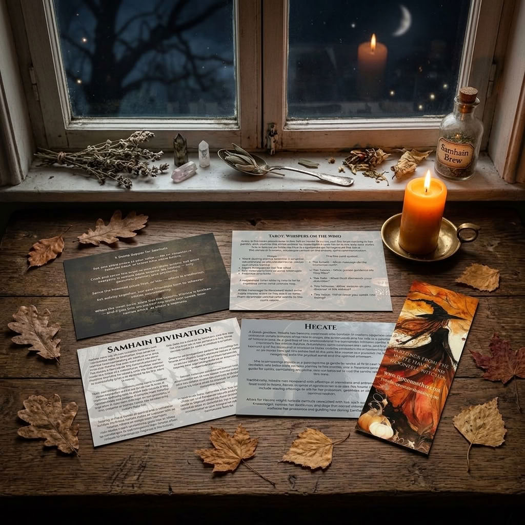 A styled flat-lay of a Wiccan altar featuring a 'Samhain Divination' and 'Hecate' card deck, a 'Wiccan Wayfinder', crystals, dried herbs, a brass spoon, and a burning orange candle on a rustic wooden table by a window with a night sky view.