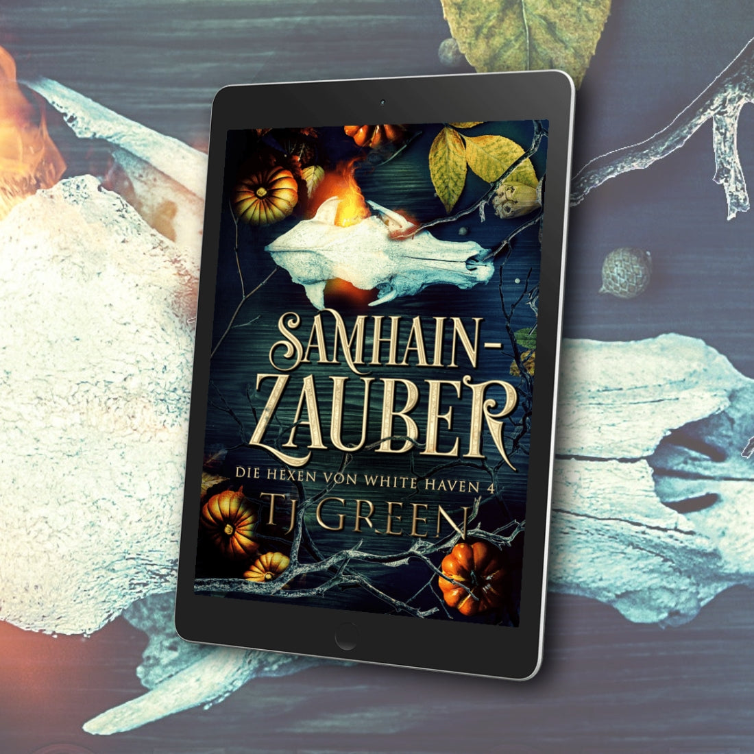 E-reader displaying the book cover of 'Samhain-Zauber' with pumpkins and leaves on a textured background