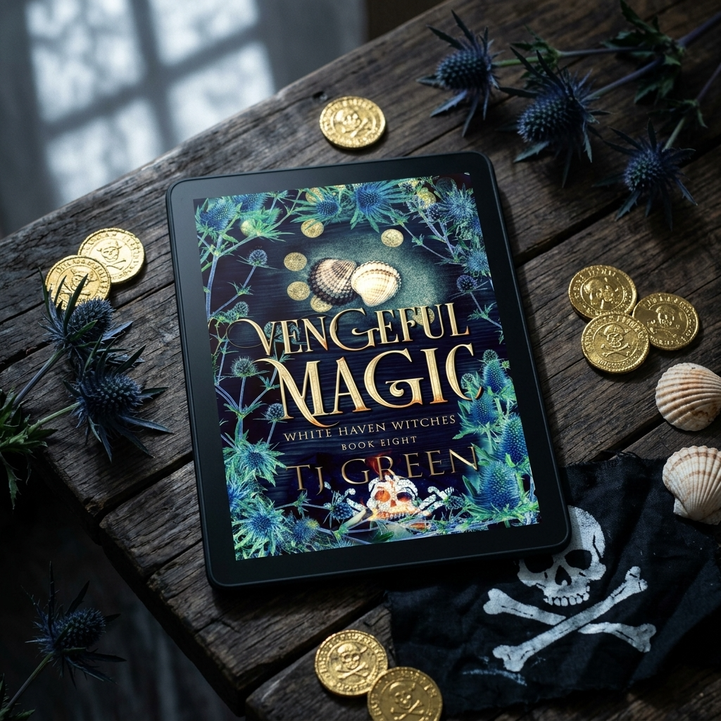 Tablet displaying the book cover 'Vengeful Magic' by TL Green on a wooden surface with coins and plants.