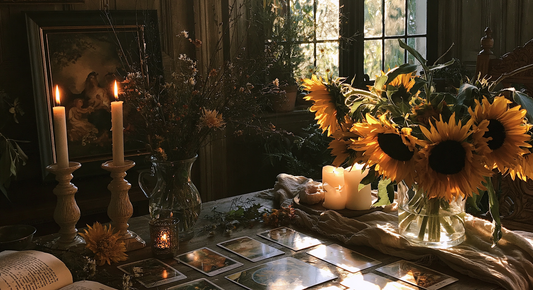 A tarot spread on a table with sunflowers and candles and soft summer sunshine.