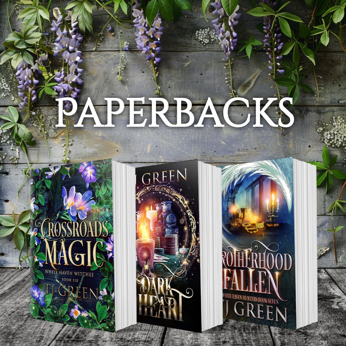 3 paperbacks on a shelf with wisteria background.