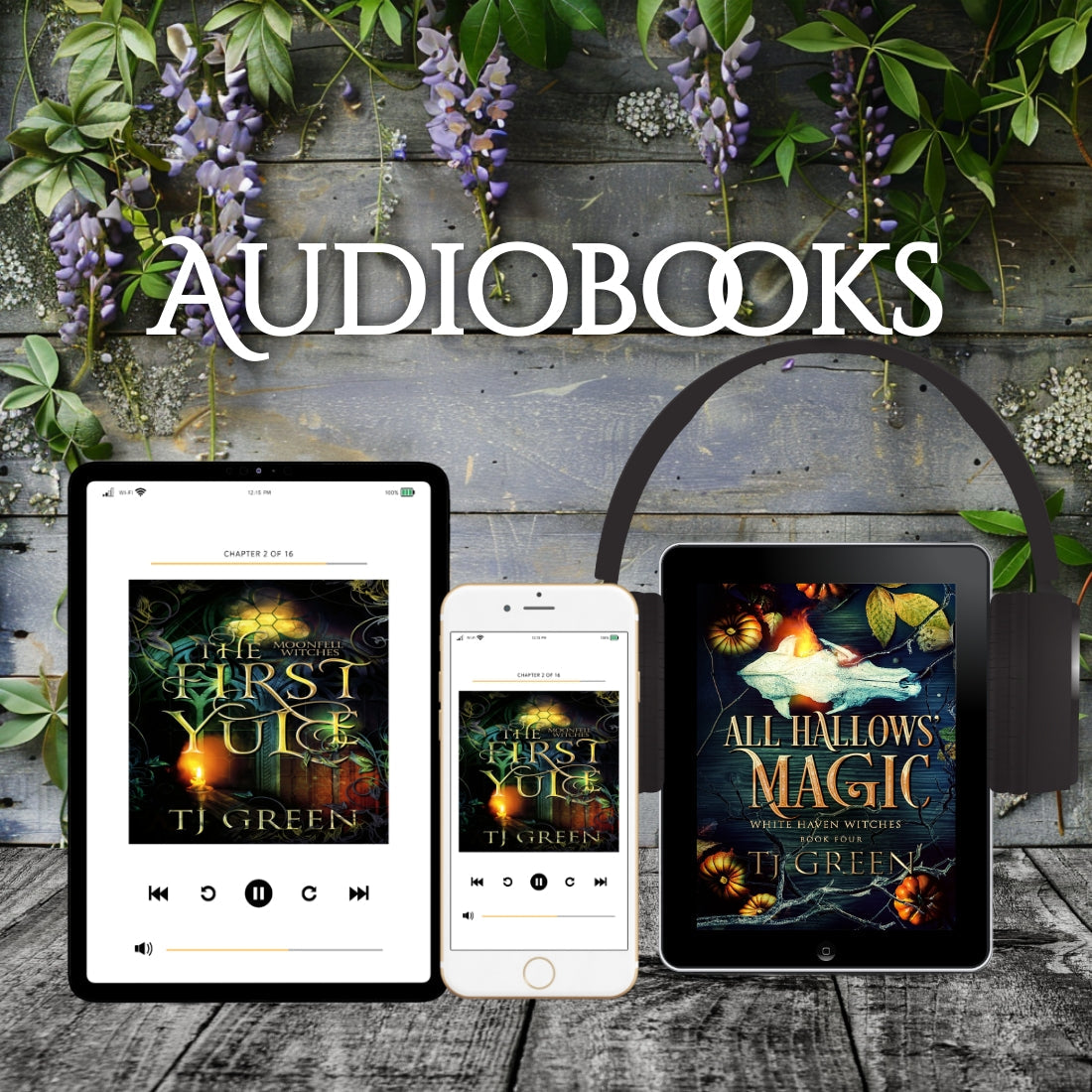 Audiobooks on a shelf with wisteria background.