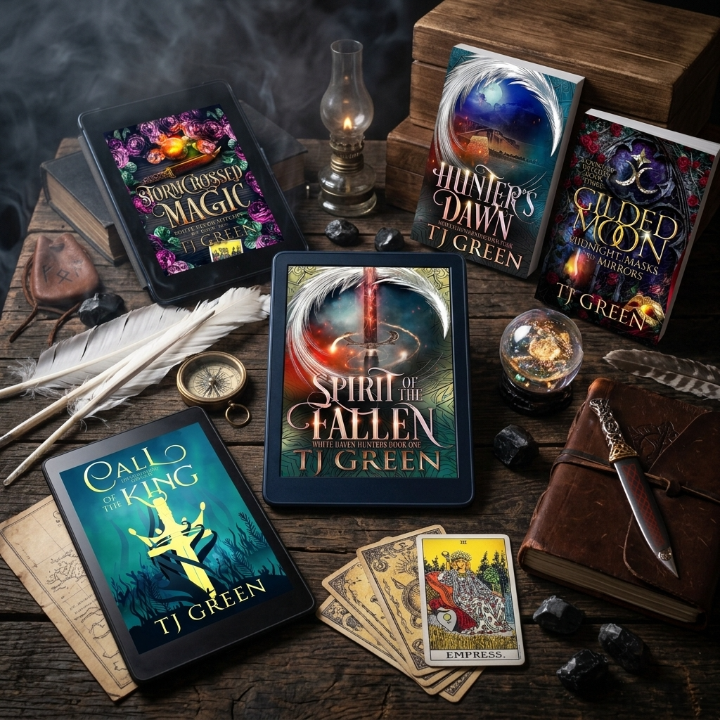 Collection of ebooks on a wooden table with occult objects